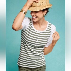 Talbots Green and White Striped Mixed Media Puff Sleeve Henley Blouse Sz XL